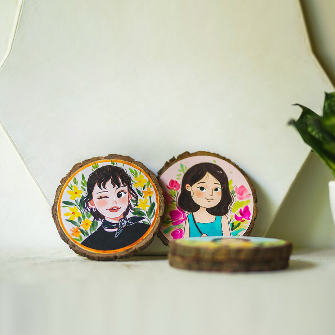 Quirky Hand-painted Character Coasters For Sisters - Set of 4