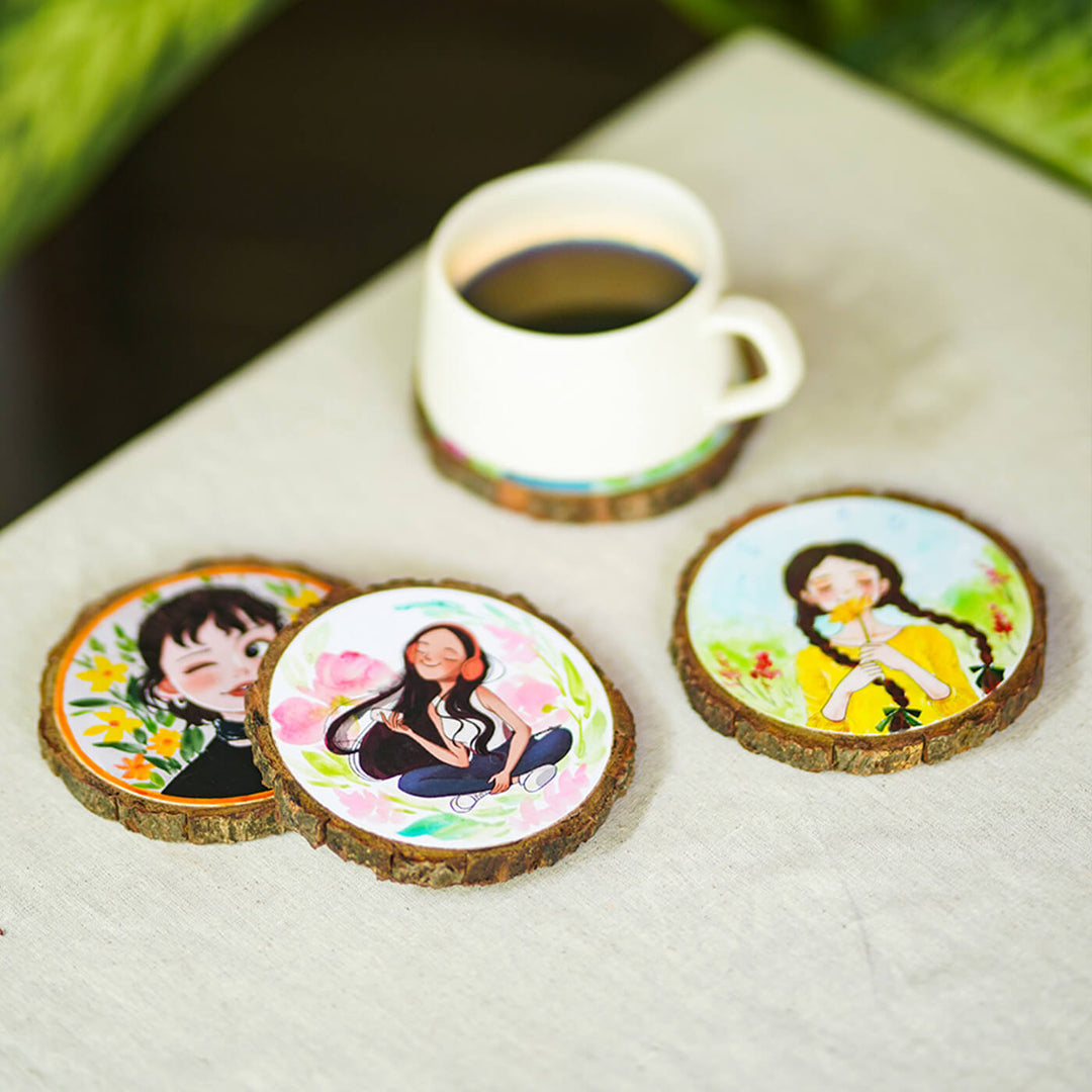 Quirky Hand-painted Character Coasters For Sisters - Set of 4
