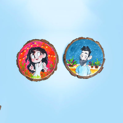 Quirky Hand-painted Character Coasters For Couples - Set of 2