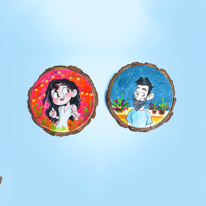 Quirky Hand-painted Character Coasters For Couples - Set of 2
