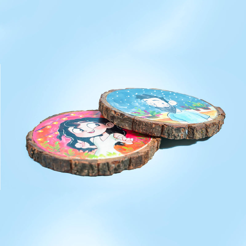 Quirky Hand-painted Character Coasters For Couples - Set of 2