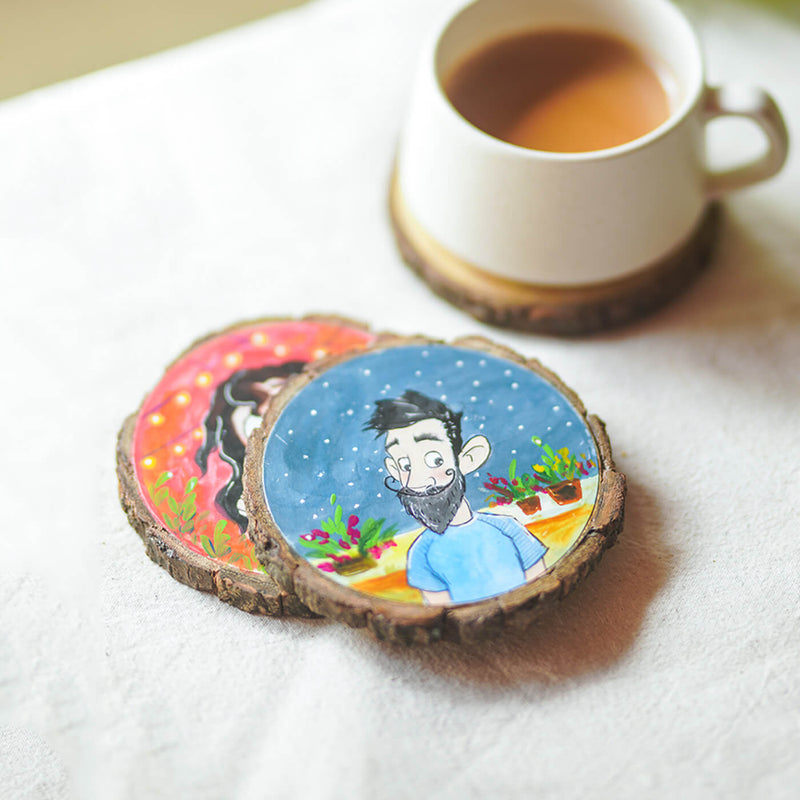 Quirky Hand-painted Character Coasters For Couples - Set of 2