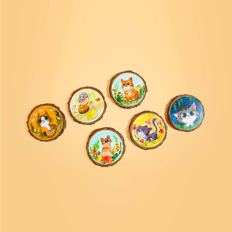 Colourful Hand-painted Character Coasters For Grandmom With Pet Cats - Set of 6
