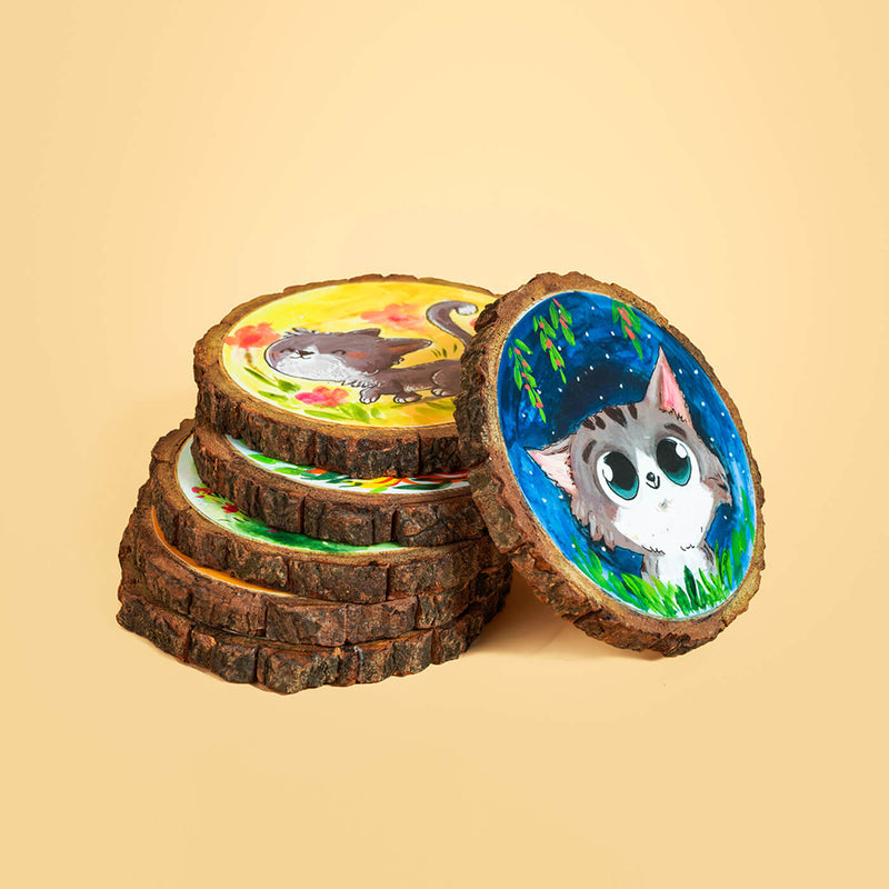 Colourful Hand-painted Character Coasters For Grandmom With Pet Cats - Set of 6