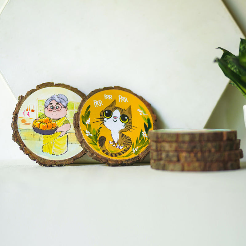 Colourful Hand-painted Character Coasters For Grandmom With Pet Cats - Set of 6