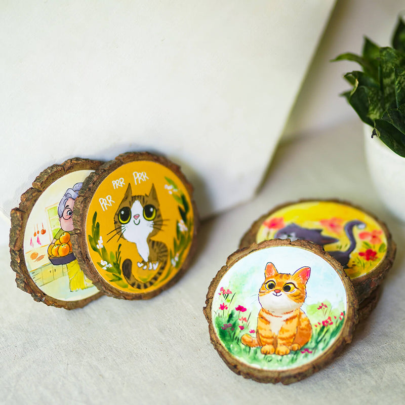 Colourful Hand-painted Character Coasters For Grandmom With Pet Cats - Set of 6