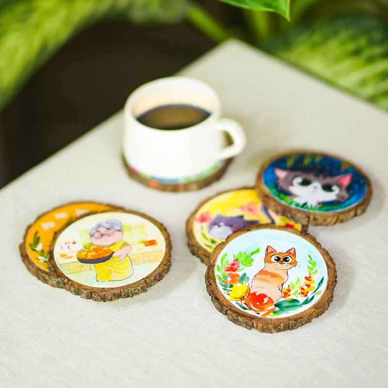 Colourful Hand-painted Character Coasters For Grandmom With Pet Cats - Set of 6
