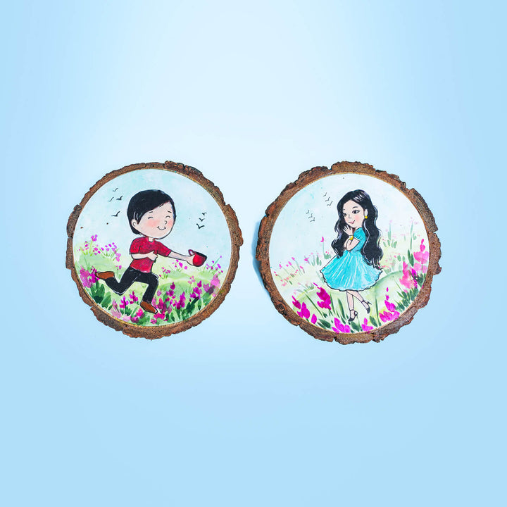 Colourful Hand-painted Character Coasters For Tea Lover Couple - Set of 2