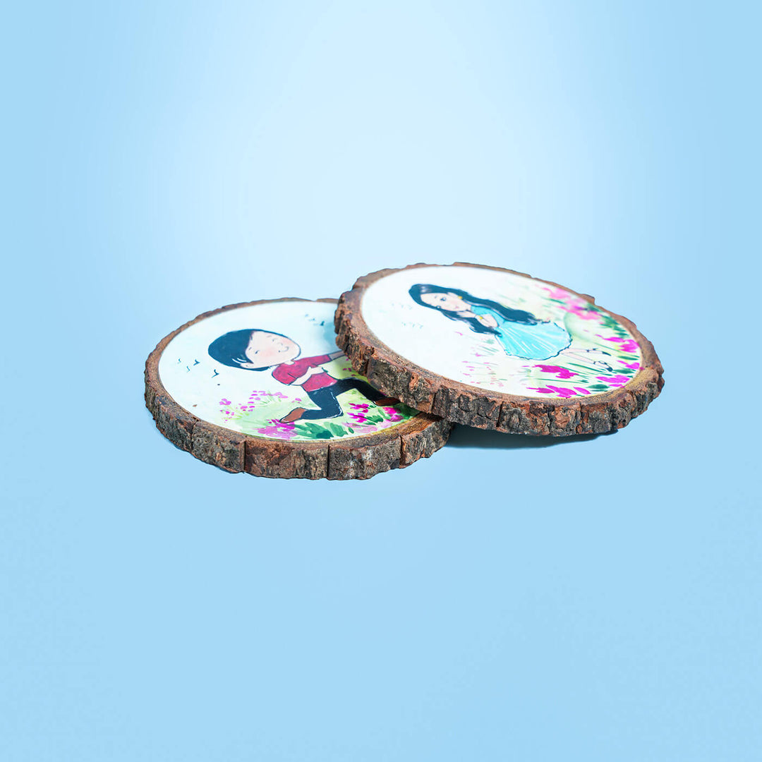 Colourful Hand-painted Character Coasters For Tea Lover Couple - Set of 2