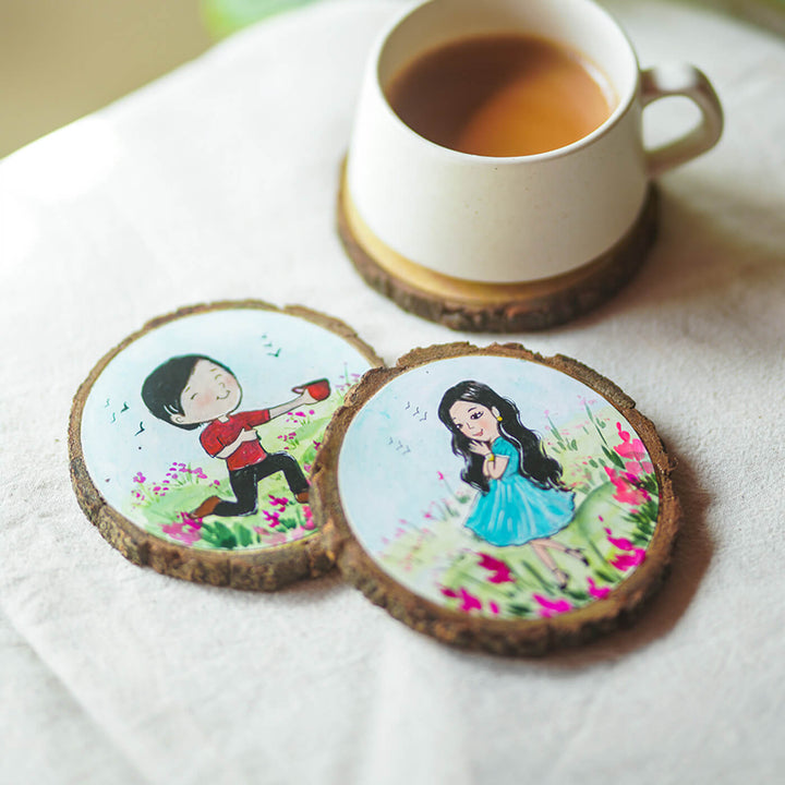 Colourful Hand-painted Character Coasters For Tea Lover Couple - Set of 2