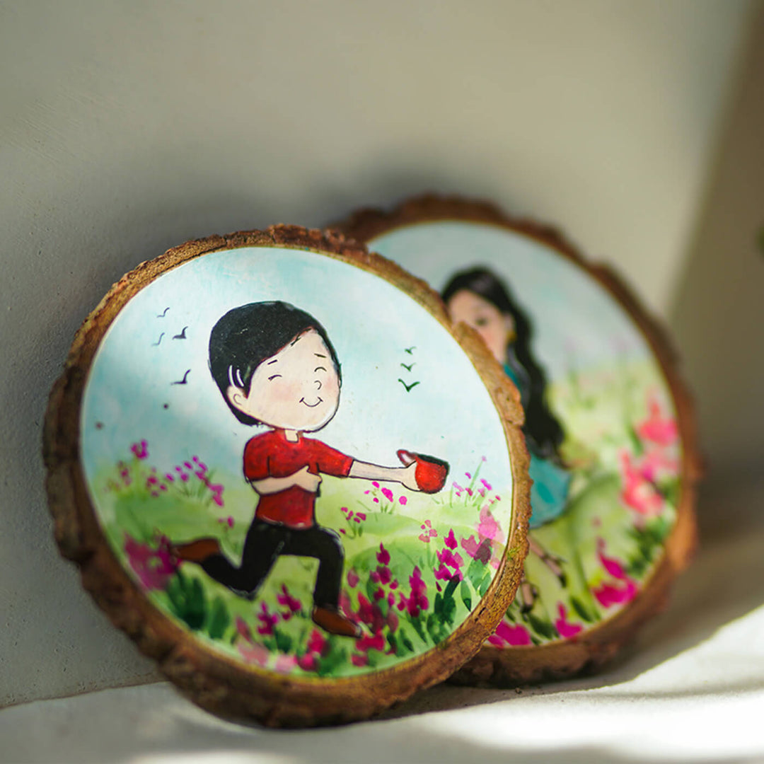Colourful Hand-painted Character Coasters For Tea Lover Couple - Set of 2