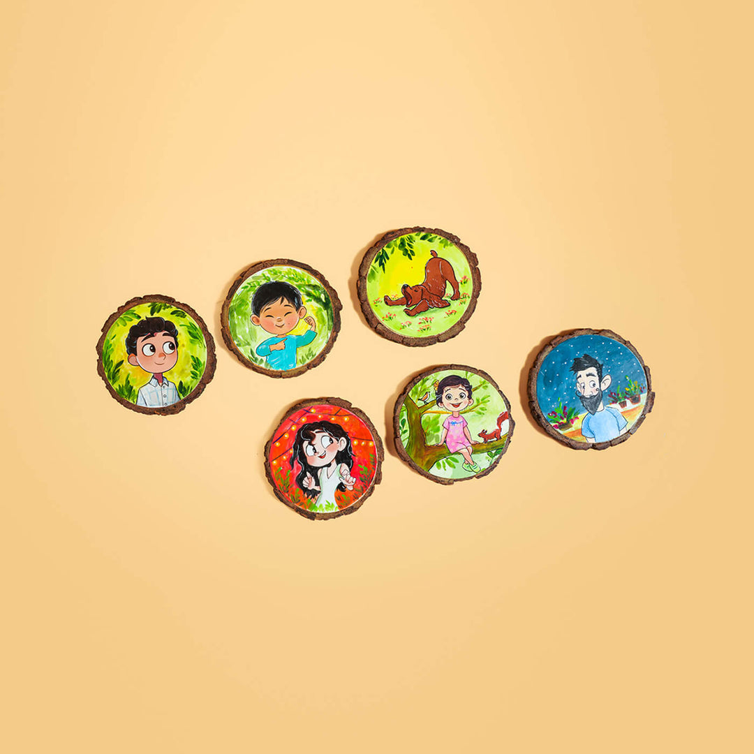 Customisable Hand-painted Character Coasters For Kids With Pet Dog - Set of 6