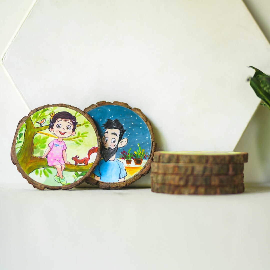 Customisable Hand-painted Character Coasters For Kids With Pet Dog - Set of 6