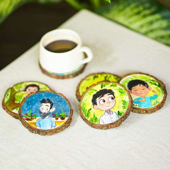 Customisable Hand-painted Character Coasters For Kids With Pet Dog - Set of 6