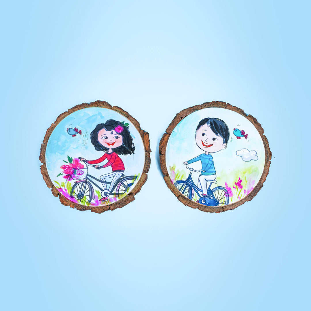 Customisable Hand-painted Character Coasters For Cyclist Couple - Set of 2