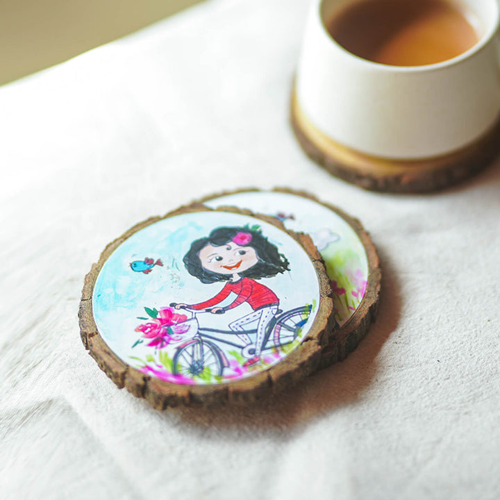 Customisable Hand-painted Character Coasters For Cyclist Couple - Set of 2