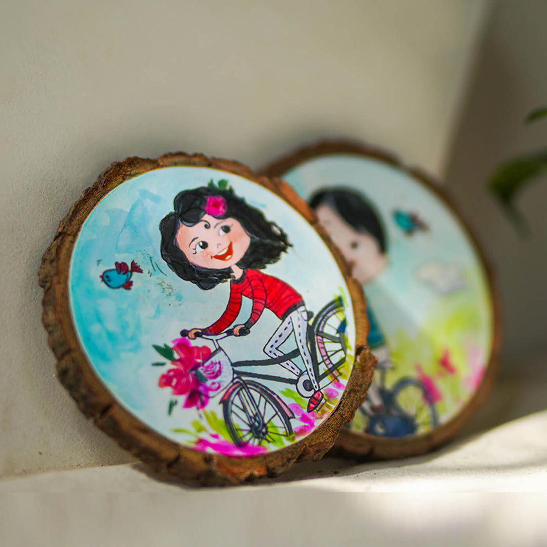 Customisable Hand-painted Character Coasters For Cyclist Couple - Set of 2