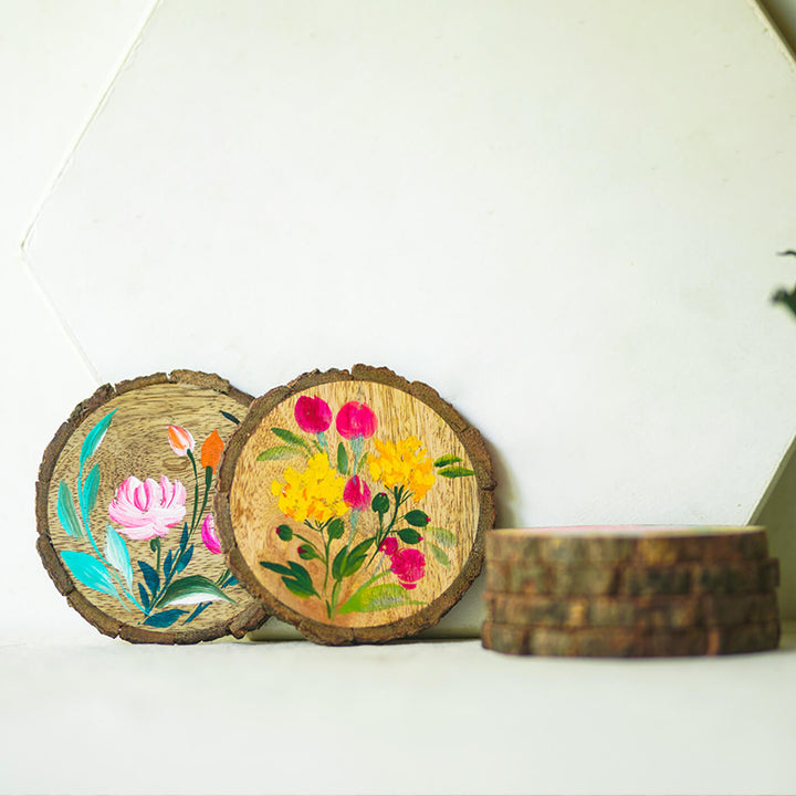 Quirky Hand-painted Floral Art Coasters  - Set of 6