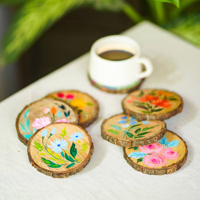 Quirky Hand-painted Floral Art Coasters  - Set of 6