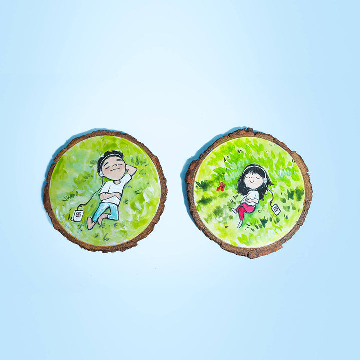 Quirky Hand-painted Character Coasters For Music Lover Couple - Set of 2