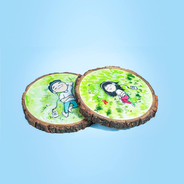 Quirky Hand-painted Character Coasters For Music Lover Couple - Set of 2