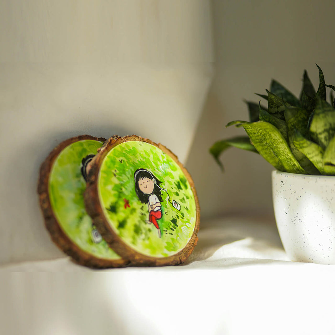Quirky Hand-painted Character Coasters For Music Lover Couple - Set of 2