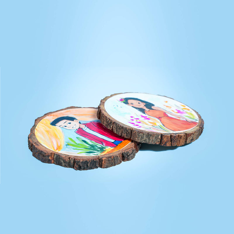 Colourful Hand-painted Character Coasters For Modern Couple - Set of 2