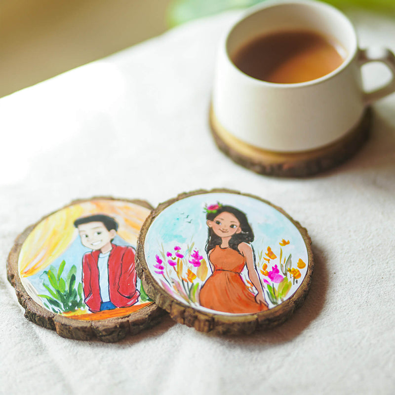 Colourful Hand-painted Character Coasters For Modern Couple - Set of 2