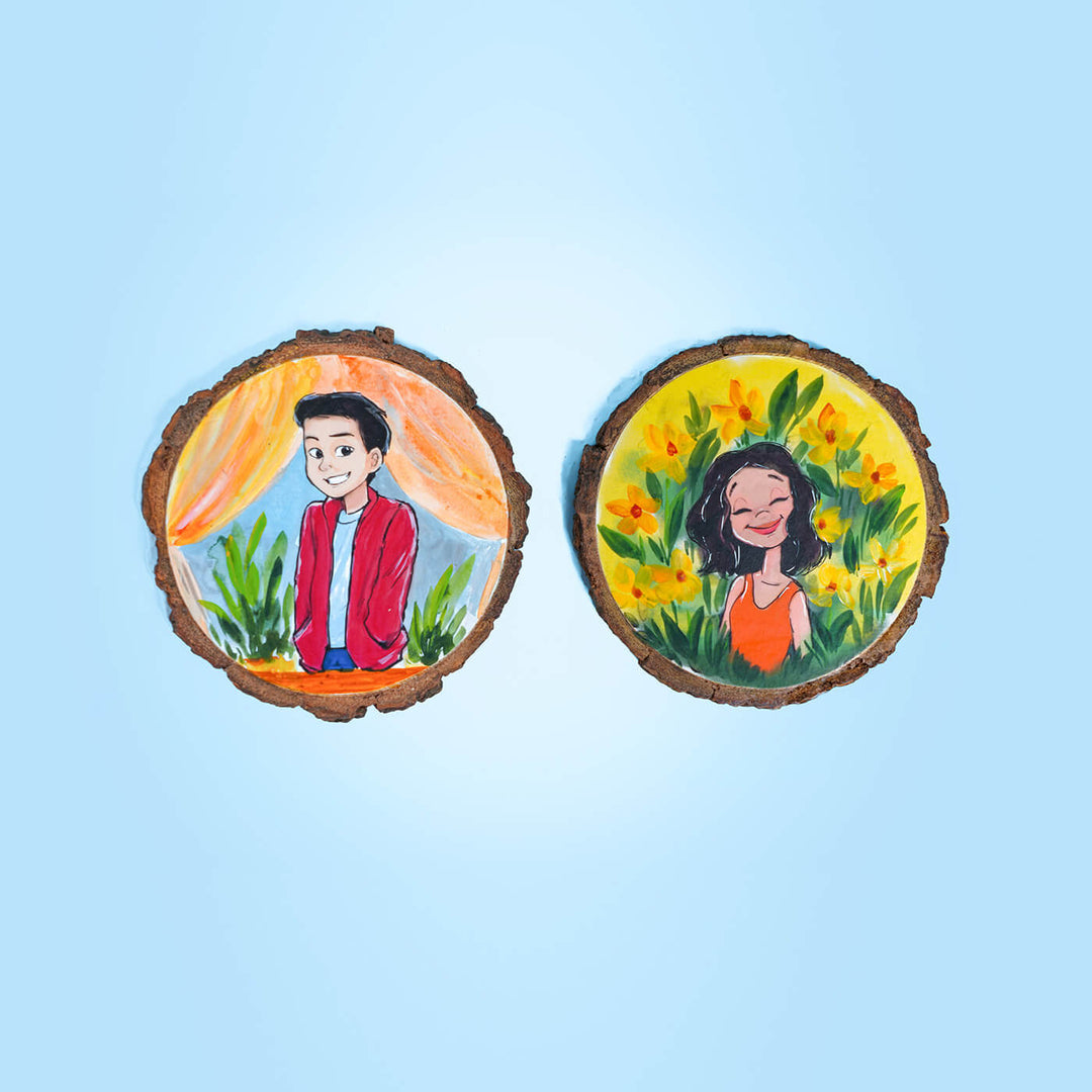 Customisable Hand-painted Character Coasters For Young Couple - Set of 2