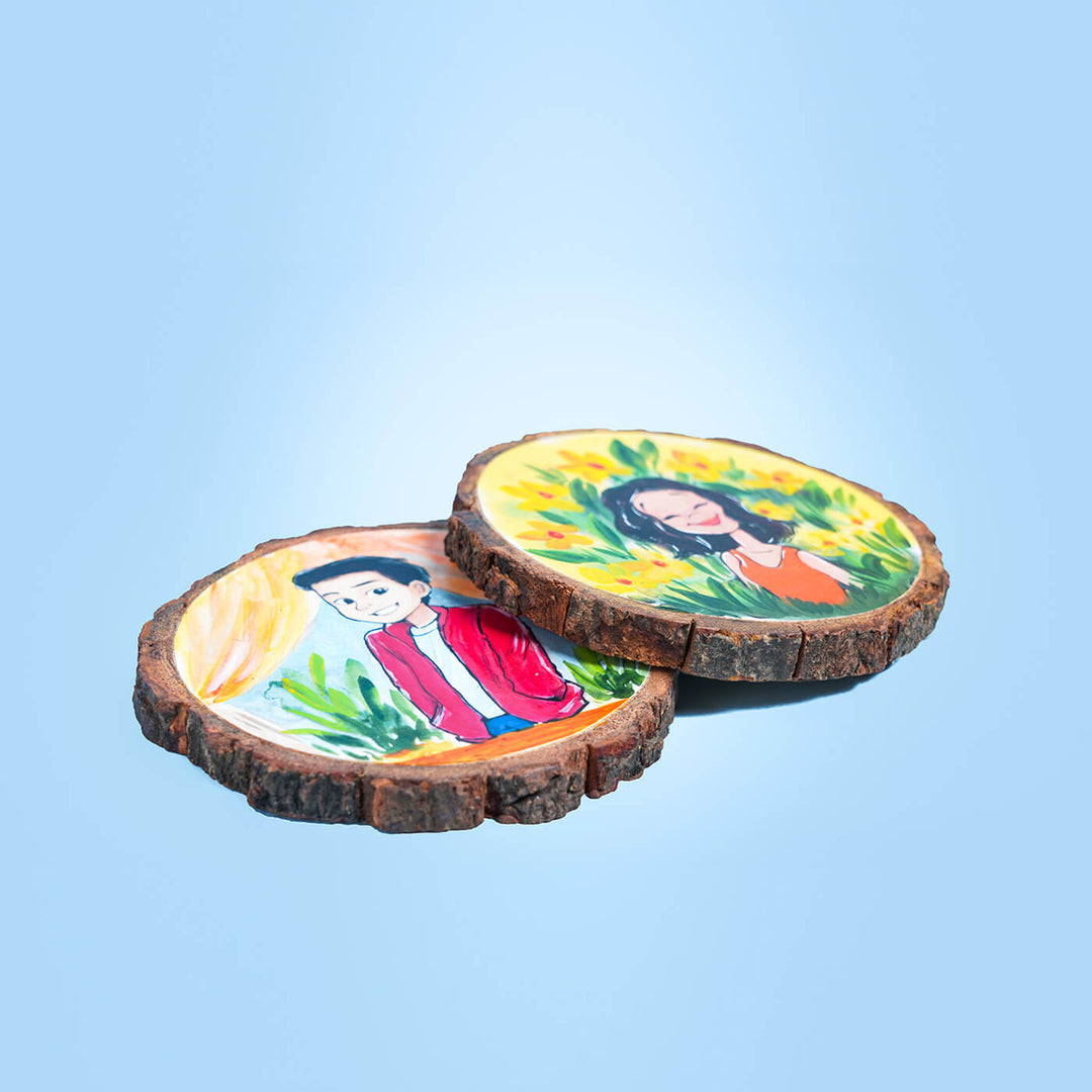 Customisable Hand-painted Character Coasters For Young Couple - Set of 2