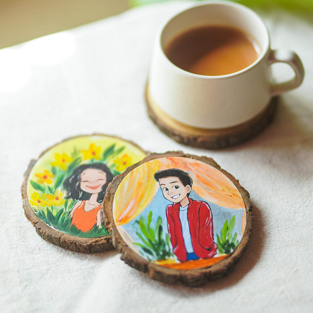 Customisable Hand-painted Character Coasters For Young Couple - Set of 2