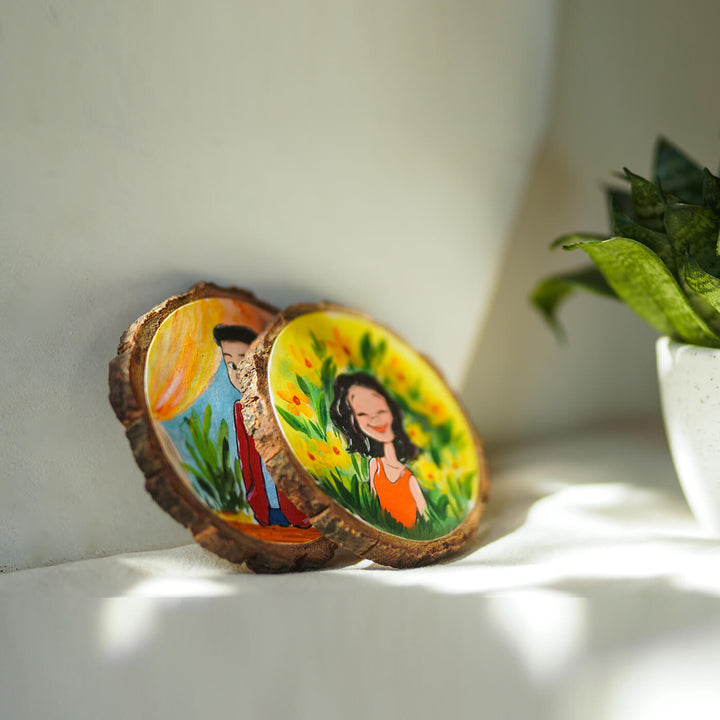 Customisable Hand-painted Character Coasters For Young Couple - Set of 2