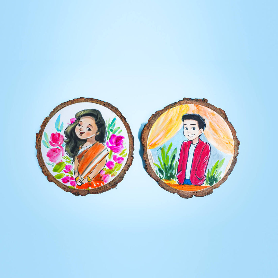 Quirky Hand-painted Character Coasters For Happy Couple - Set of 2