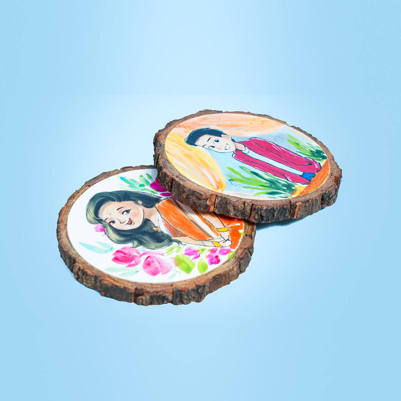 Quirky Hand-painted Character Coasters For Happy Couple - Set of 2