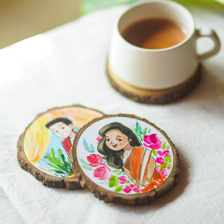 Quirky Hand-painted Character Coasters For Happy Couple - Set of 2