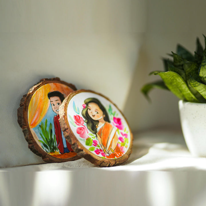 Quirky Hand-painted Character Coasters For Happy Couple - Set of 2