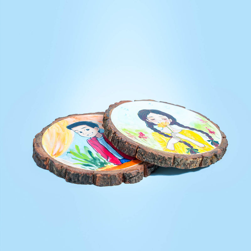 Colourful Hand-painted Character Coasters For Cheerful Couple - Set of 2