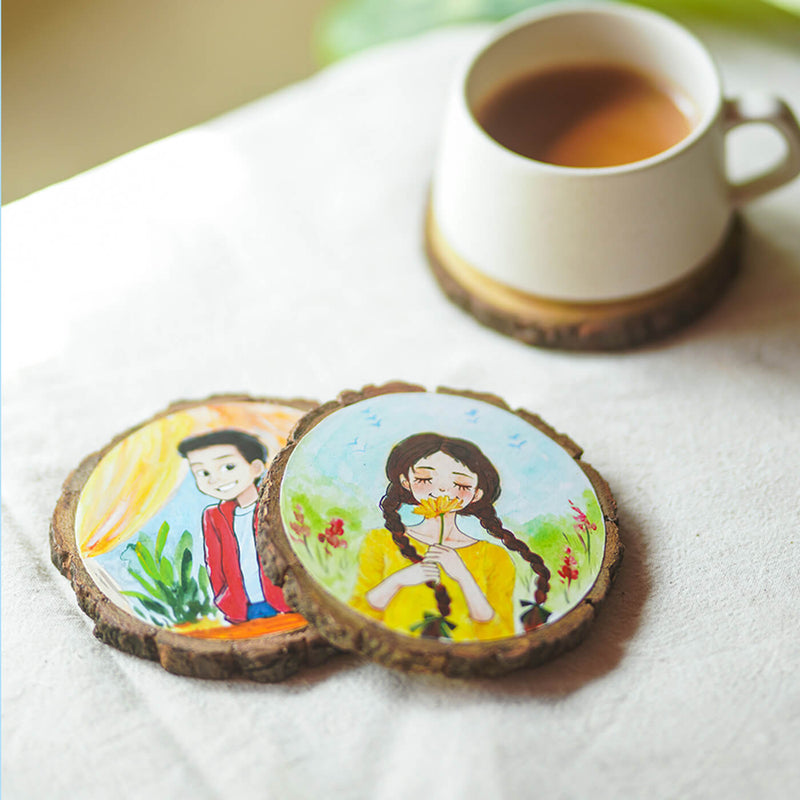 Colourful Hand-painted Character Coasters For Cheerful Couple - Set of 2