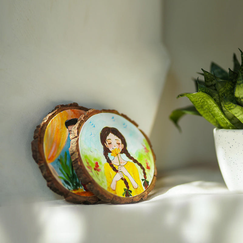 Colourful Hand-painted Character Coasters For Cheerful Couple - Set of 2