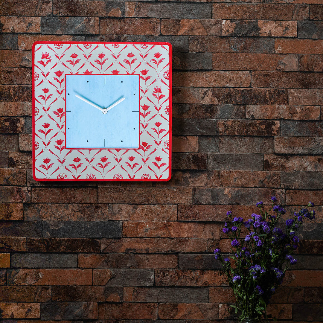 Square Printed Wall Clock - Red Monochrome Flowers