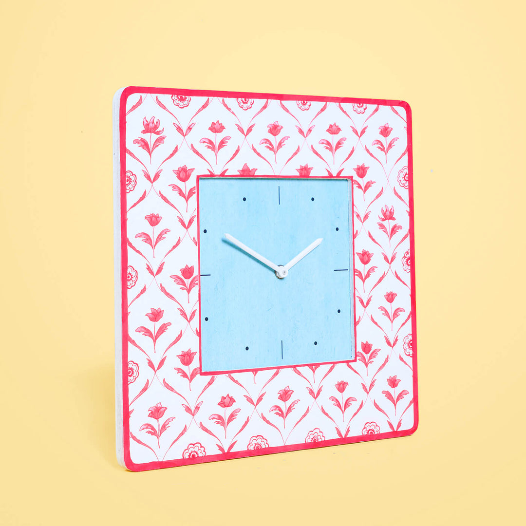 Square Printed Wall Clock - Red Monochrome Flowers