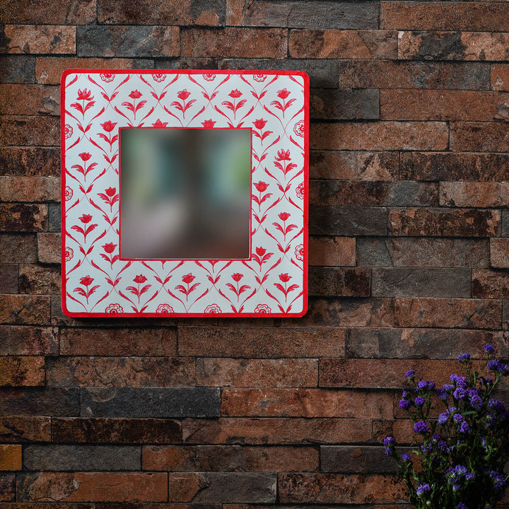Square Printed Wall Mirror - Red Monochrome Flowers