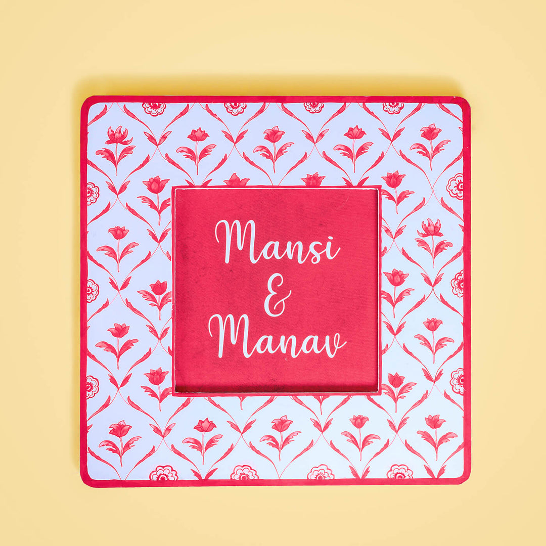 Square Printed Nameboard - Red Monochrome Flowers
