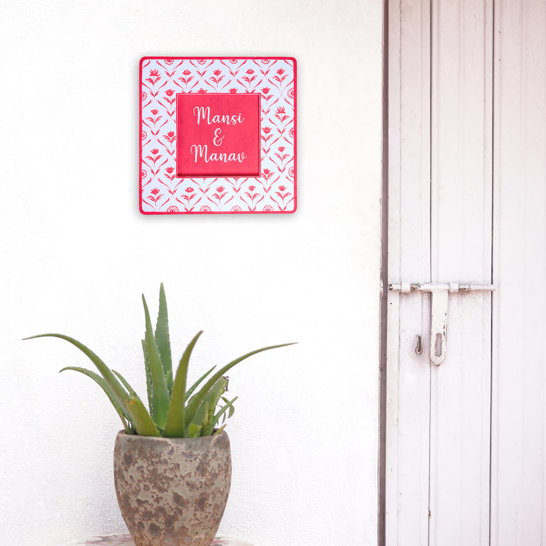 Square Printed Nameboard - Red Monochrome Flowers