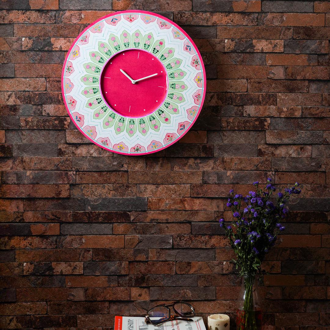 Round Printed Wall Clock - Peach & Green