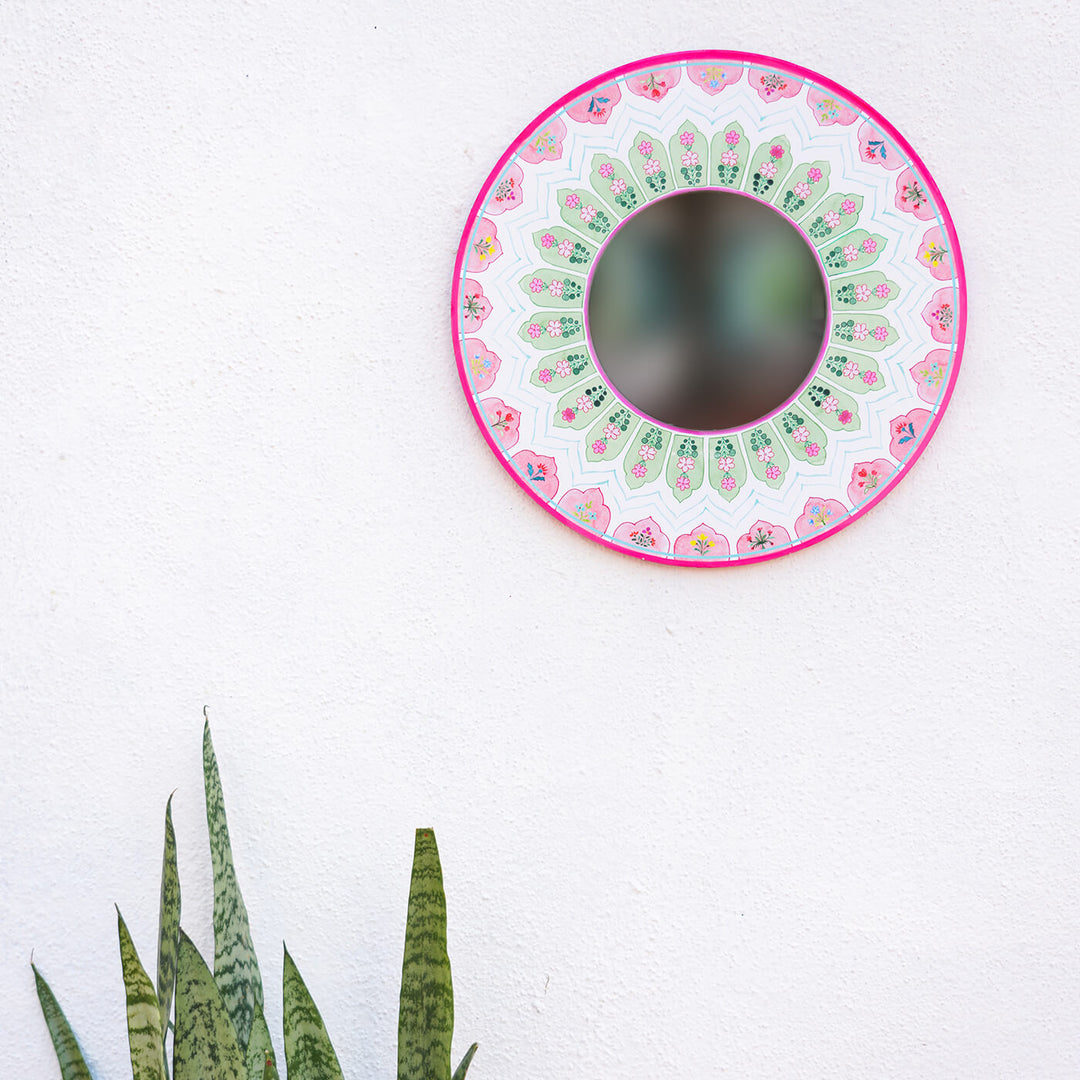 Round Printed Wall Mirror - Peach & Green