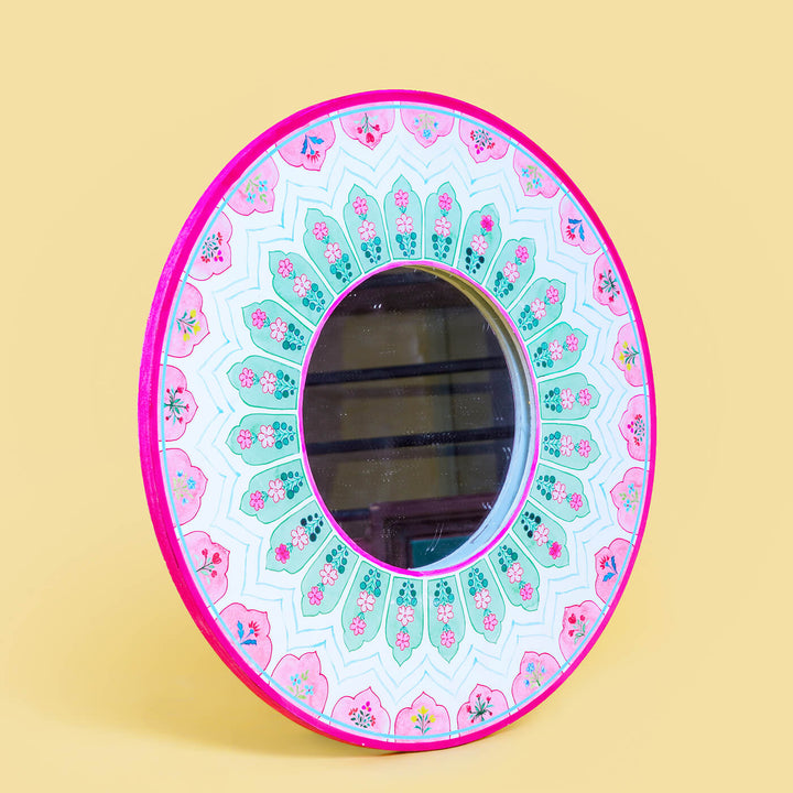 Round Printed Wall Mirror - Peach & Green