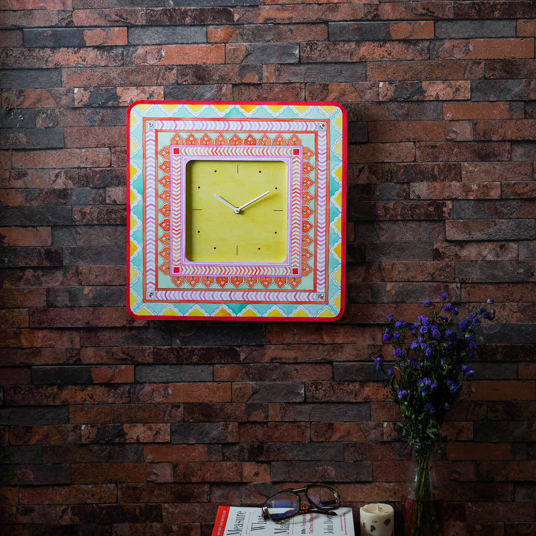 Square Printed Wall Clock - Pastel Multicolour