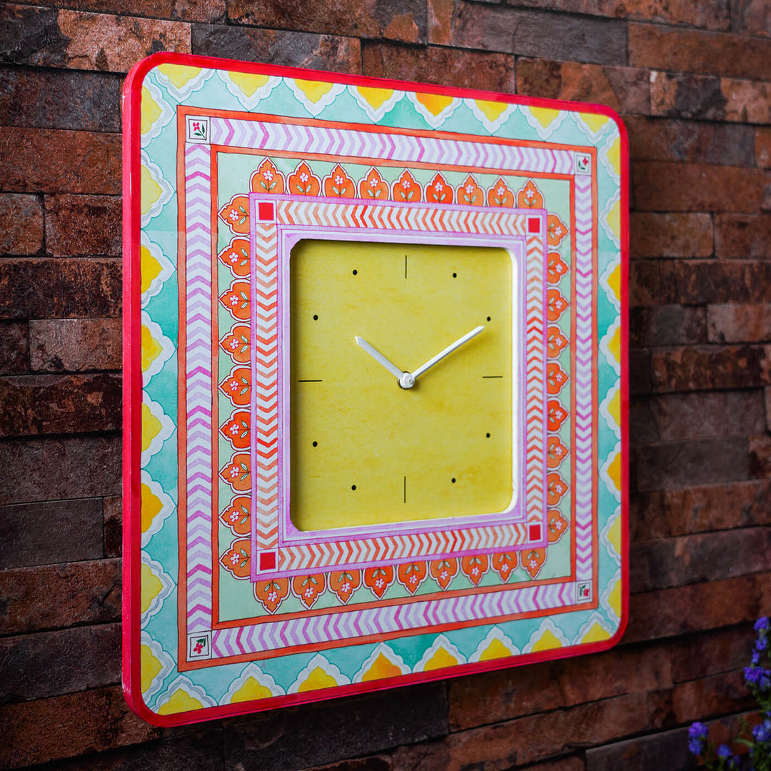 Square Printed Wall Clock - Pastel Multicolour