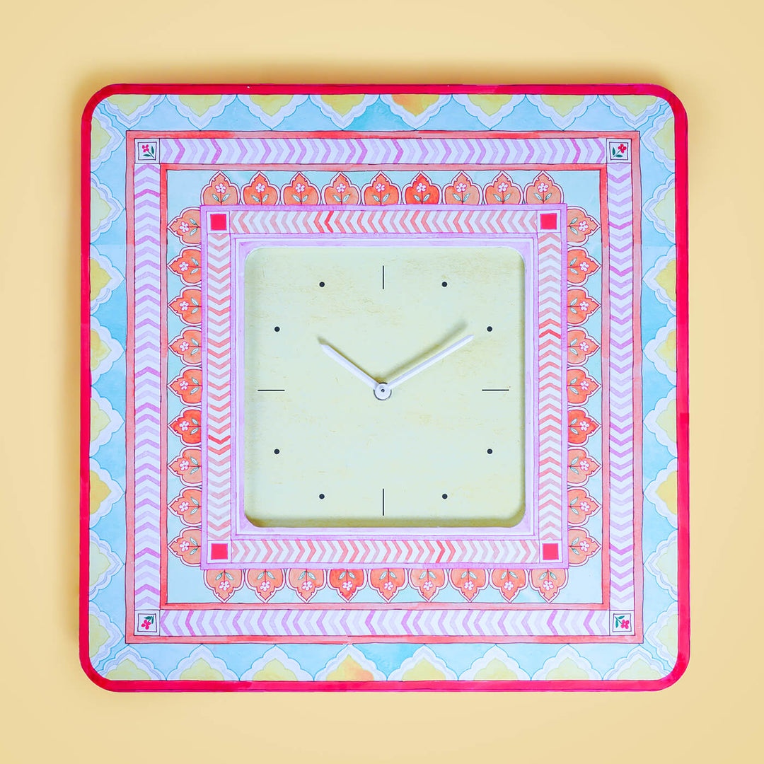 Square Printed Wall Clock - Pastel Multicolour